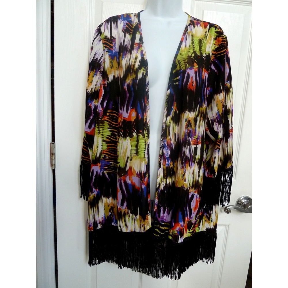NEW!! RUSSELL KEMP Sz Large Fringed Kimono Duster Colorful Festival Hippie